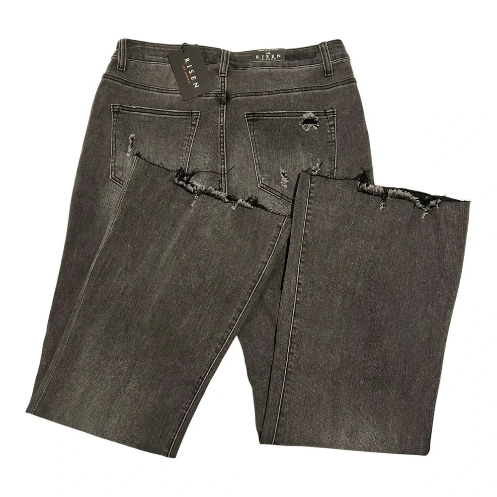 NWT Risen Womens 1XL Flare Jeans Black Acid Wash High Rise Raw Hem Stretch Denim